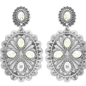 Western Concho Crystal Post Earrings Silver 2.5 Inch Drop
